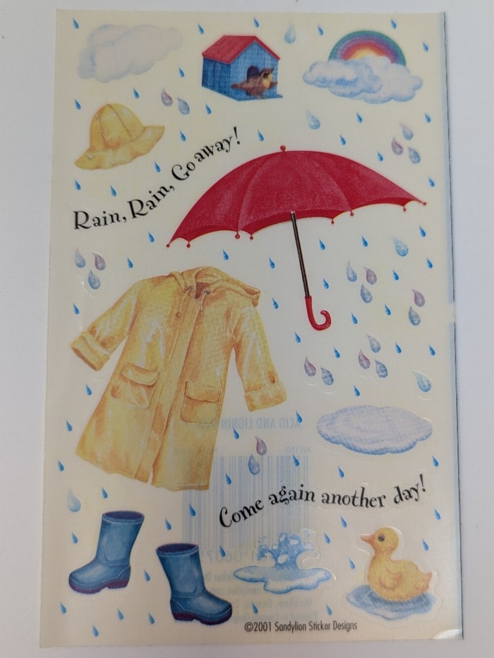Sandylion Stickers Rainy Day Sticker Sheet Red Umbrella Yellow Raincoat Vintage